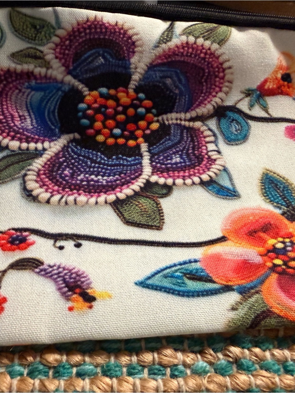 Embroidered lookFloral Cosmetic Pouch - Cream with Blue, Purple & Orange Accents